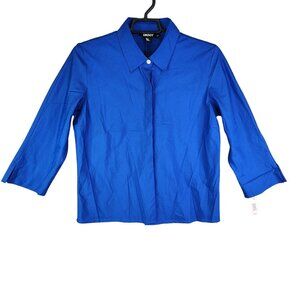 Women's Royal Blue DKNY Shirt Blouse Top 3/4 Sleeve Button Up 100% Cotton 18
